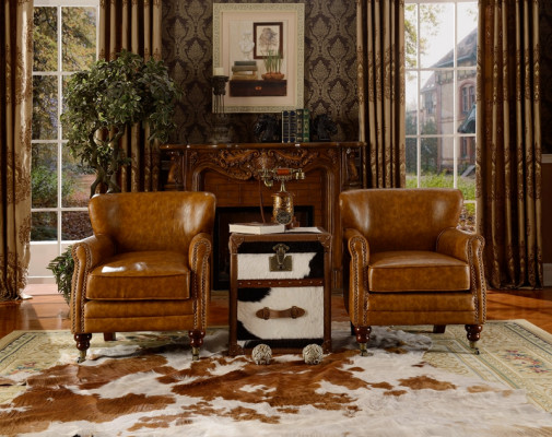 Chesterfield fauteuil à oreilles marron en cuir, ensemble canapé fauteuil en cuir, canapé en cuir neuf
