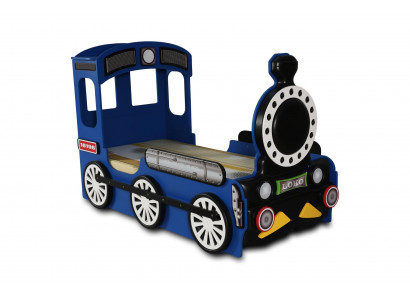 Lit pour chambre d'enfant bleue, luxe, lit simple au design de train ferroviaire avec cadre en bois.