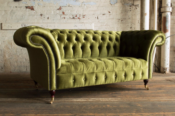 Canapé classique 2 places Chesterfield en tissu velours avec cristaux vert velours neuf