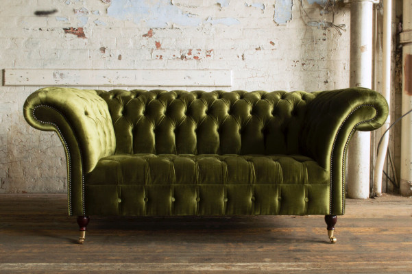 Canapé classique 2 places Chesterfield en tissu velours avec cristaux vert velours neuf