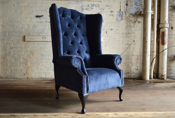 Fauteuil Chesterfield bleu, canapé, fauteuil 1 place, canapé en textile.