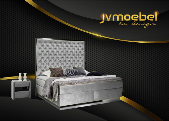 Ensemble de chambre à coucher avec lit boxspring 3 pièces en textile, lit avec deux tables de nuit, lits design neuf.
