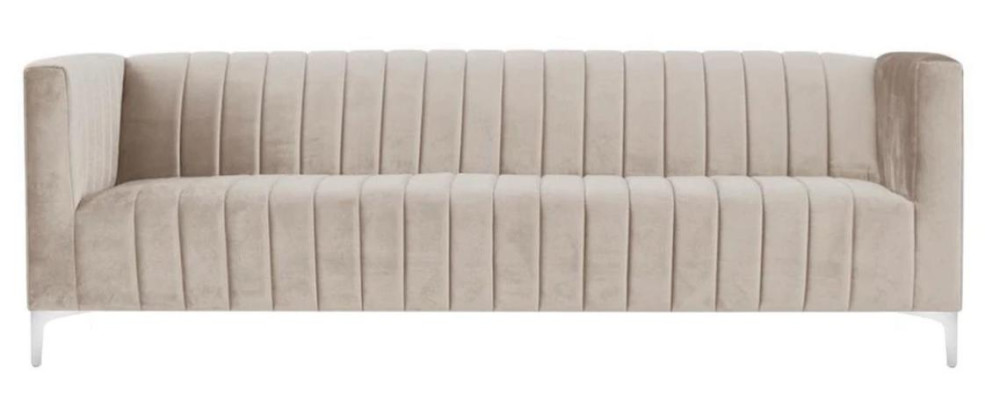 Canapé trois places beige en tissu pour salon, design de canapé rembourré en tissu.
