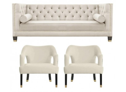 Canapé Chesterfield beige en velours, canapé ensemble canapé sofa garniture sofas canapé rembourré 3+1+1 places.