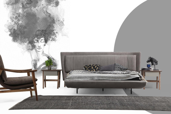 Lit cadre de lit double tissu moderne gris chambre double neuf.