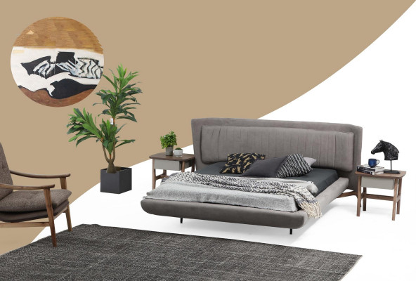 Lit cadre de lit double tissu moderne gris chambre double neuf.