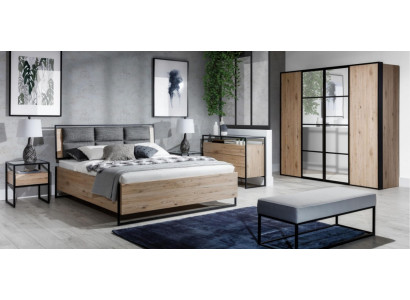 Ensemble de chambre à coucher Beige Lit 2x Tables de chevet Commode Armoire neuf 5 pièces.