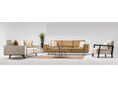Ensemble de canapé en tissu : canapé quatre places, canapé deux places, fauteuil, canapé marron.