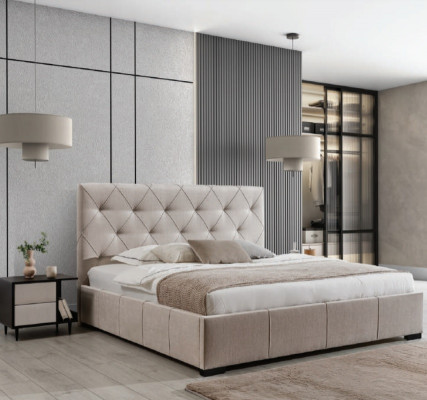 Lit double Chesterfield beige Tables de chevet en textile Suite de chambre