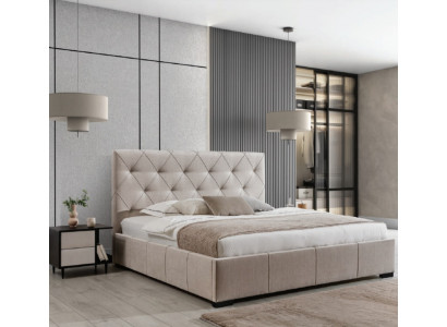 Lit double Chesterfield beige Tables de chevet en textile Suite de chambre