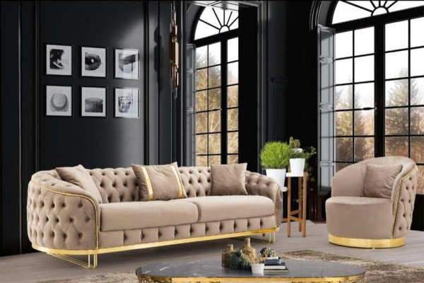 Ensemble de salon design Canapé 3 places et fauteuil Couleur beige 2 pièces. nouvel