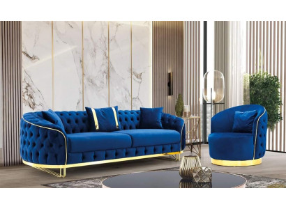 Ensemble de salon de couleur bleue design comprenant un canapé 3 places et deux fauteuils.