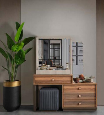 Coiffeuse marron de luxe en bois, table de maquillage moderne.