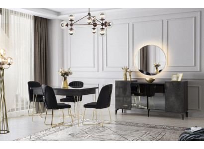 Salle à manger ensemble 6 pièces Table à manger Chaises Buffet avec miroir Gris foncé Uni