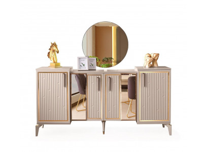 Buffet moderne design rectangulaire beige et or bicolore salle à manger avec miroir.