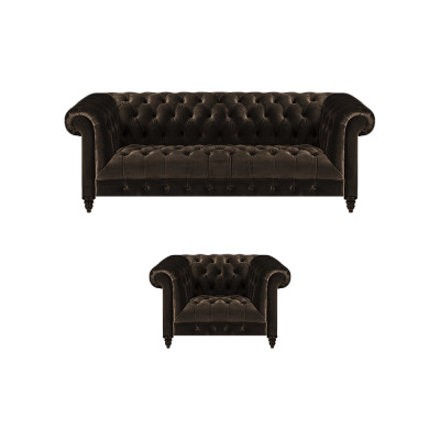 Canapé Chesterfield marron, ensemble de coussins, fauteuil design 3 places, textile, 2 pièces.