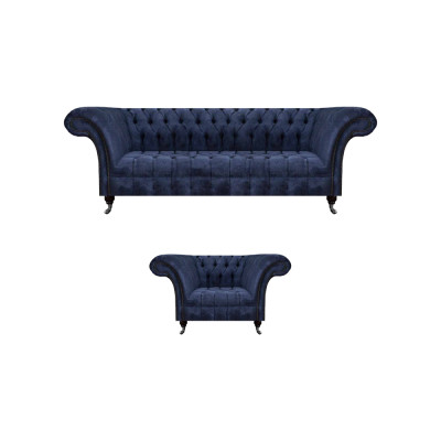 Ensemble de salon en tissu Chesterfield bleu, ensemble de deux pièces de mobilier rembourré pour le salon.