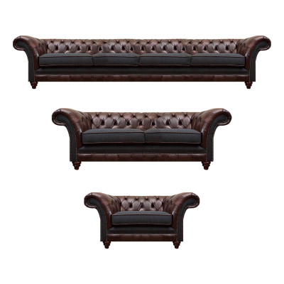 Canapés Chesterfield brun-gris fauteuils salon meubles complets 3 pièces