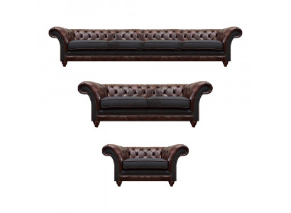 Canapés Chesterfield brun-gris fauteuils salon meubles complets 3 pièces