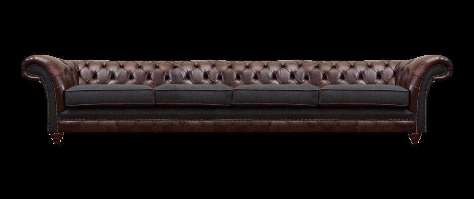 Canapé Chesterfield en cuir marron, design quatre places, salon, canapés élégants.