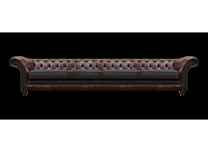 Canapé Chesterfield en cuir marron, design quatre places, salon, canapés élégants.