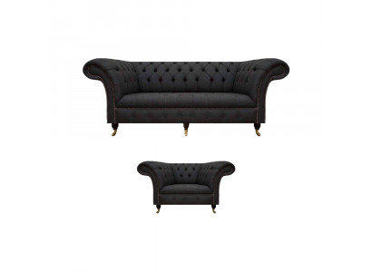 Chesterfield ensemble en tissu noir Designer 3 places fauteuil rembourré 2 pièces.