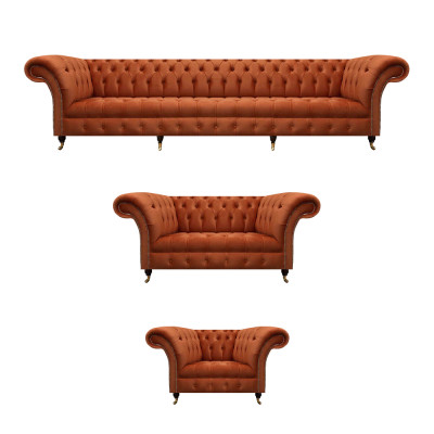 Ensemble de canapés Chesterfield brun en tissu d'ameublement designer, ensemble complet de 3 pièces.