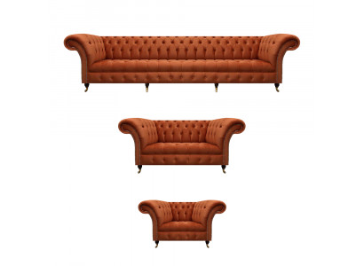 Ensemble de canapés Chesterfield brun en tissu d'ameublement designer, ensemble complet de 3 pièces.