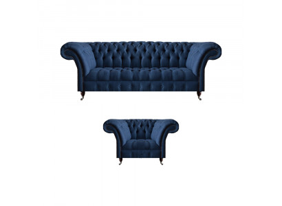 Salon bleu foncé 3 places canapé designer fauteuil élégant ensemble 2 pièces