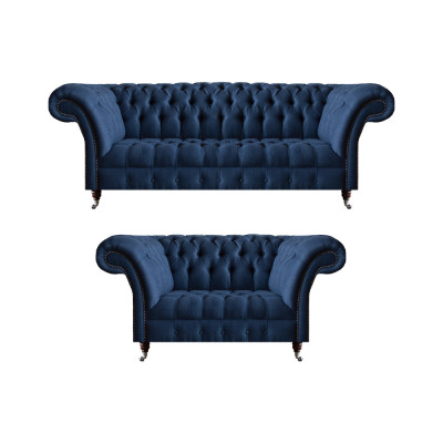 Ensemble de canapé bleu Chesterfield en tissu, canapés trois places et deux places, ensemble de 2 pièces.