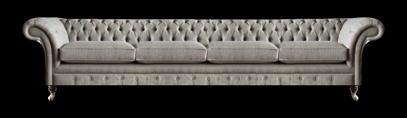 Canapé Chesterfield rembourré gris clair, 4 places, design en textile.