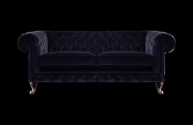 Canapé Chesterfield bleu marine à deux places, élégant canapé en tissu pour le salon.