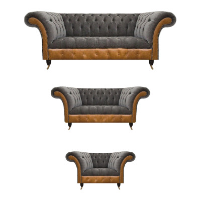 Canapés Chesterfield en tissu gris-brun pour salon, meubles design rembourrés.