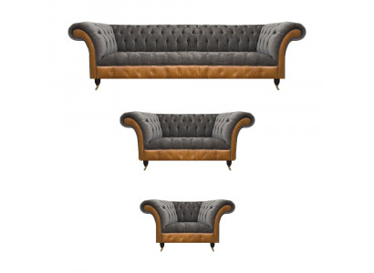 Ensemble de canapés Chesterfield gris-brun en tissu, 3 pièces.