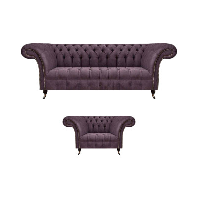 Chesterfield Lila Ensemble de Salon Canapé Élégant 3 Places Tissu Fauteuil