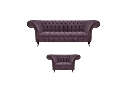 Chesterfield Lila Ensemble de Salon Canapé Élégant 3 Places Tissu Fauteuil