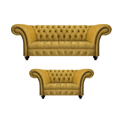 Salle de séjour design moderne jaune ensemble de canapés 2x canapés Chesterfield.
