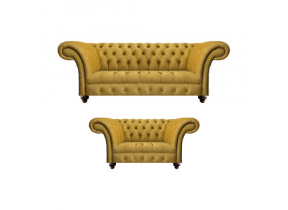 Salle de séjour design moderne jaune ensemble de canapés 2x canapés Chesterfield.