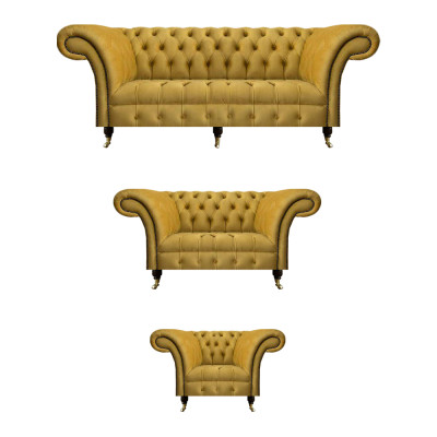 Élégant canapé Chesterfield jaune, ensemble de meubles rembourrés en tissu, set de 3 pièces.