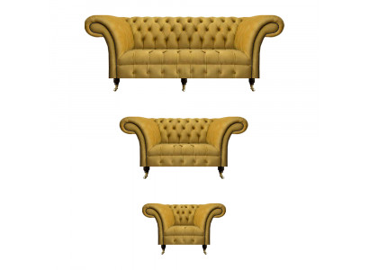 Élégant canapé Chesterfield jaune, ensemble de meubles rembourrés en tissu, set de 3 pièces.