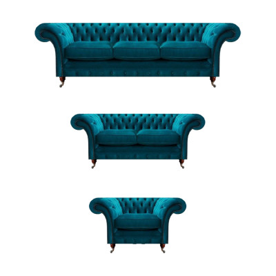 Salon design Chesterfield bleu, mobilier de salon, tissu, canapé, ensemble de 3 pièces.