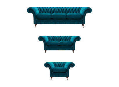Salon design Chesterfield bleu, mobilier de salon, tissu, canapé, ensemble de 3 pièces.