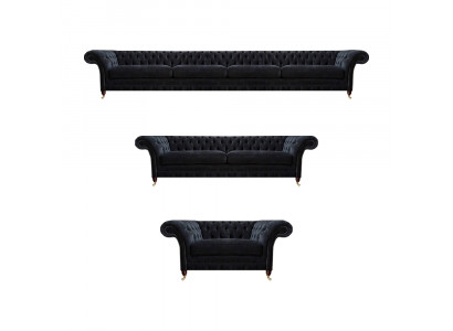 Chesterfield ensemble de sièges en tissu noir, canapé quatre places, canapé deux places, fauteuil.