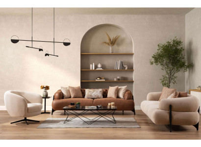 Salon en tissu taupe et blanc cassé, sofas trois places exclusifs, fauteuil.