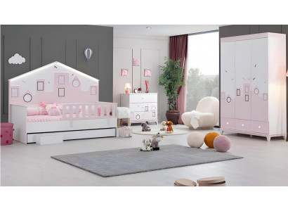 Mobilier de chambre d'enfant : lit d'enfant rose, armoire, commode, chambre d'adolescent en bois.