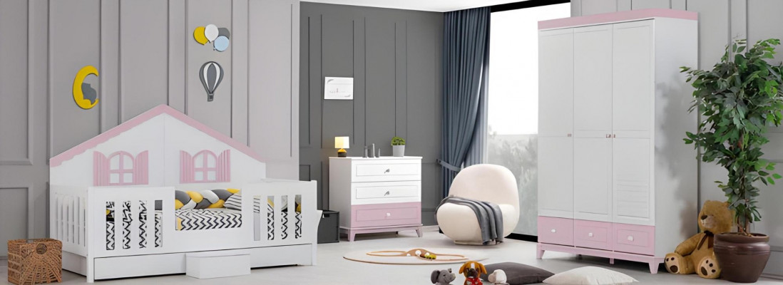 Chambre d'enfant moderne composée de 3 pièces : lit bébé, armoire, commode, neuf.