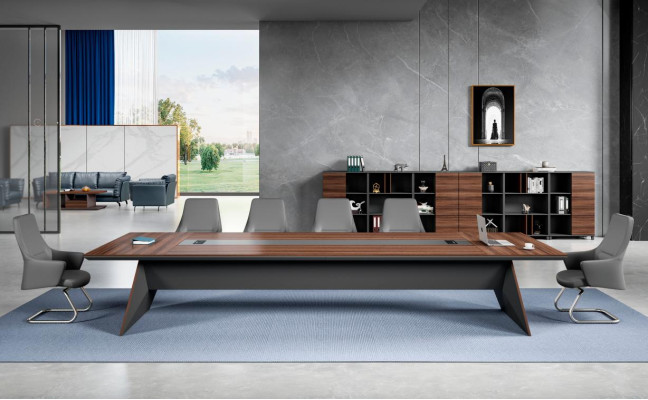 Table de conférence gris-brun, mobilier de bureau design en bois.