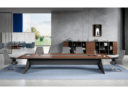 Table de conférence gris-brun, mobilier de bureau design en bois.