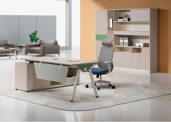 Bureau beige de designer, bureau de luxe en bois, mobilier de bureau de luxe.