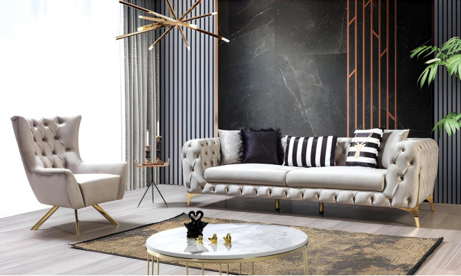 Chesterfield fauteuil tapissé gris clair salon pieds en acier inoxydable